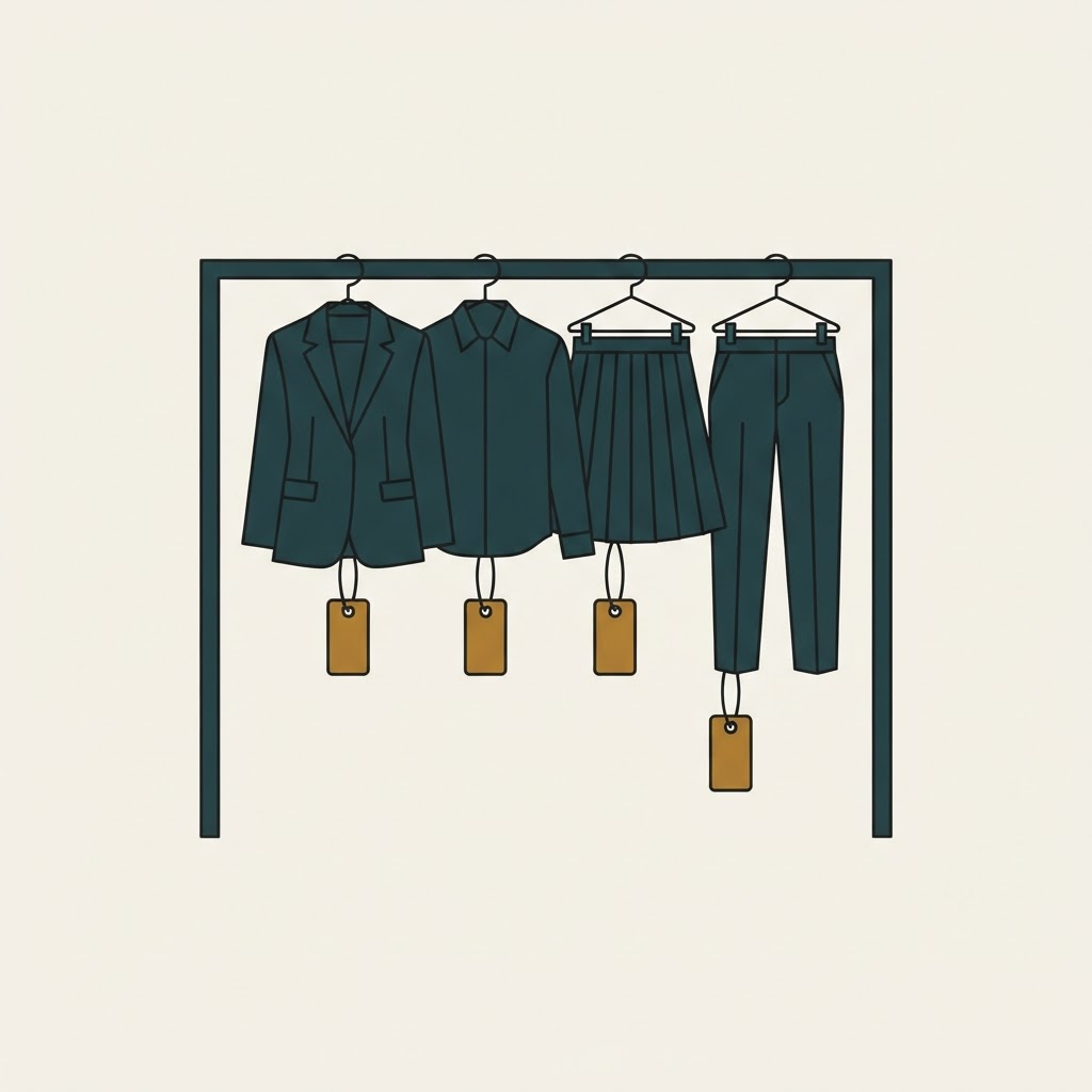 A clothing rack with garments and tags set at descending heights, drawn in a quiet, ledger-like style